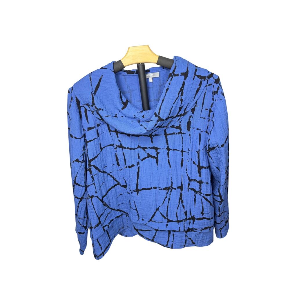 Habitat womens blue black geometric top, ruffle collar. Size XL. office, date